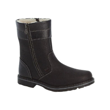 Black boot with wool lining and side zipper showing detailed stitching designs
