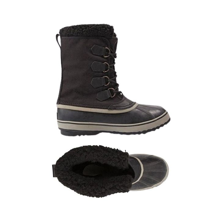 Top view of winter boot has thick fleece lining and side view has elastic strings on front and black and white thick strip foot of boot