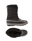 Top view of winter boot has thick fleece lining and side view has elastic strings on front and black and white thick strip foot of boot