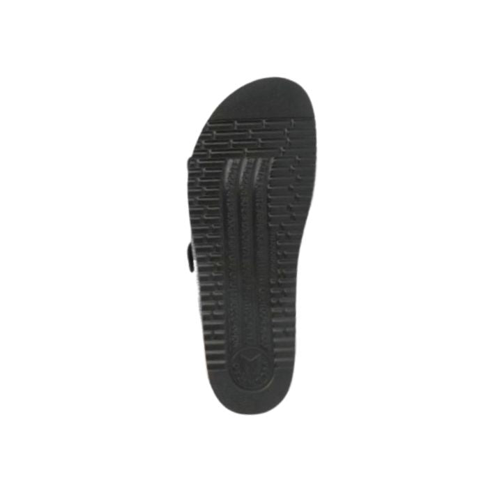 Black outsole with grips on the Harmony black zebra sandal by Mephisto