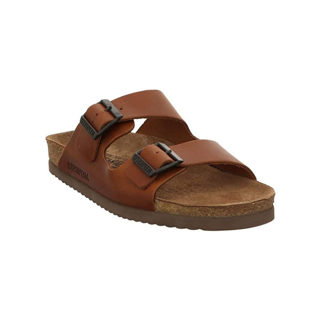 Chestnut brown leather two strap sandal with buckl closures, supportive cork misdole and brown outsole.