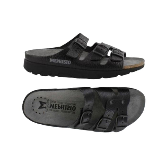 Side and top view of the black Zach Footed sandal by Mephisto showing the grey footbed and 3 buckle cross foot straps for a slip on sandal with a tread black outsole