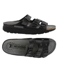 Side and top view of the black Zach Footed sandal by Mephisto showing the grey footbed and 3 buckle cross foot straps for a slip on sandal with a tread black outsole