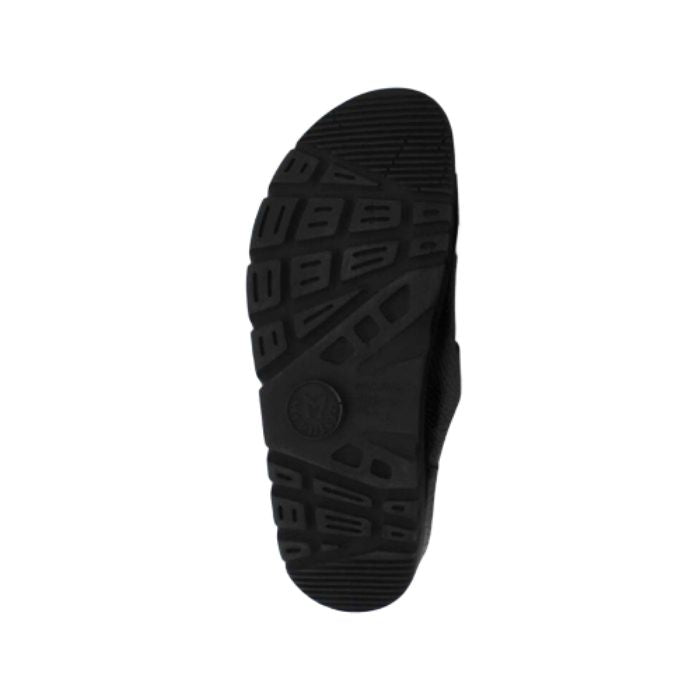 Black outsole with tread on the black Zach footed slip on sandal by Mephisto