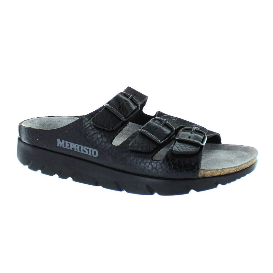 Black sandal with 3 buckle straps across foot with a black outsole on the slip on Zach footed sandal by Mephisto