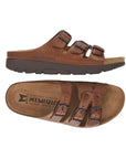Side and top view of the dessert tan Zach Footed sandal by Mephisto showing the tan footbed and 3 buckle cross foot straps for a slip on sandal with a tread dark brown outsole
