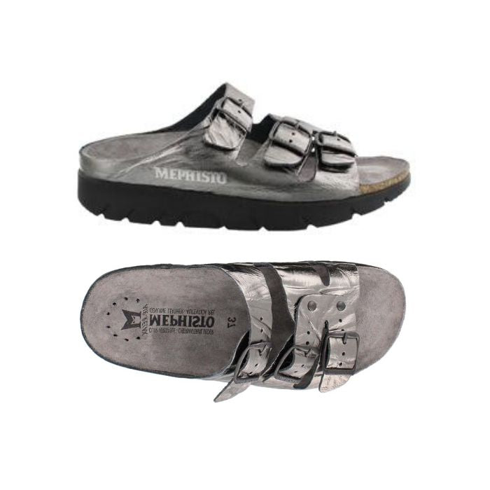 Side and top view of the pewter Etna (silver) Zach Footed sandal by Mephisto showing the grey footbed and 3 buckle cross foot straps for a slip on sandal with a tread black outsole