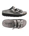 Side and top view of the pewter Etna (silver) Zach Footed sandal by Mephisto showing the grey footbed and 3 buckle cross foot straps for a slip on sandal with a tread black outsole
