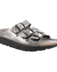 Pewter sandal with 3 buckle straps across foot with a black outsole on the slip on Zach footed sandal by Mephisto
