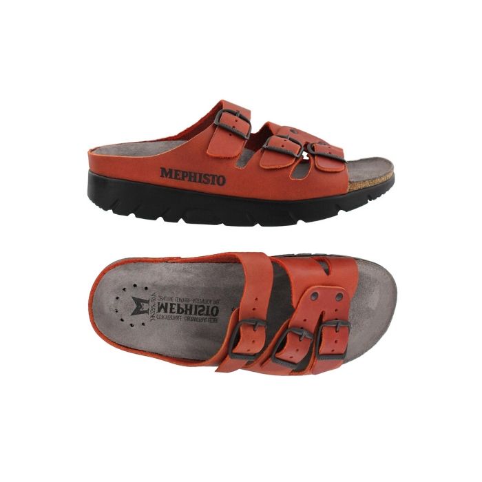 Side and top view of the red scratch Zach Footed sandal by Mephisto showing the grey footbed and 3 buckle cross foot straps for a slip on sandal with a tread black outsole