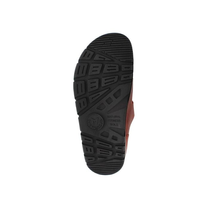 Black outsole with tread on the red scratch Zach footed slip on sandal by Mephisto