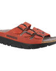 Red scratch  sandal with 3 buckle straps across foot with a black outsole on the slip on Zach footed sandal by Mephisto
