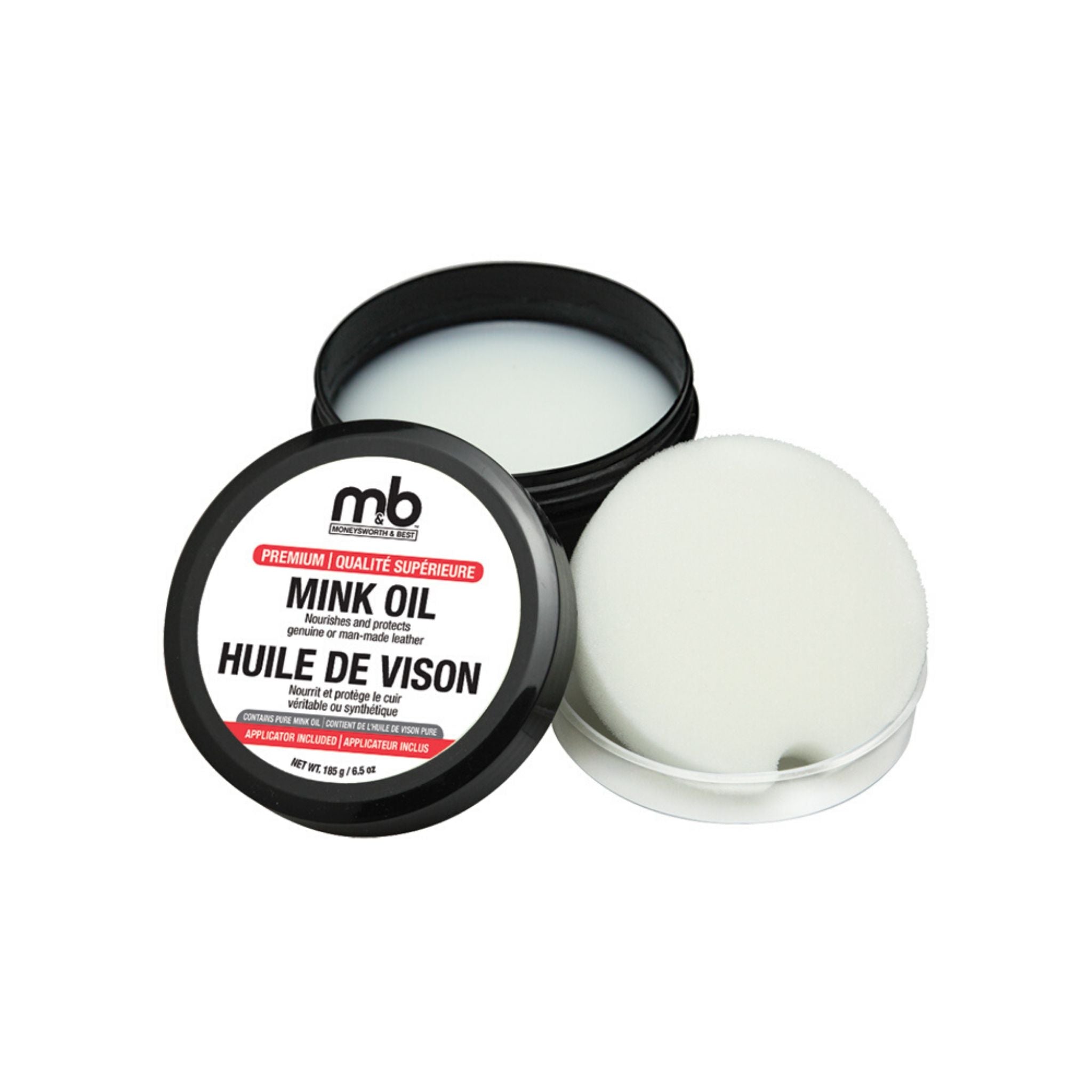 Open Mink oil with white contents and applicator round sponge