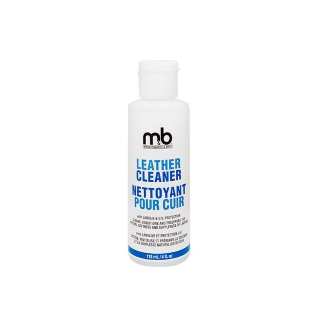 White plastic container of M&amp;B&#39;s leather cleaner
