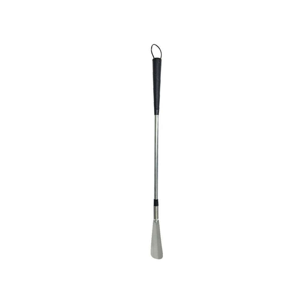 Metal shoe horn with black grip handle and hanging loop