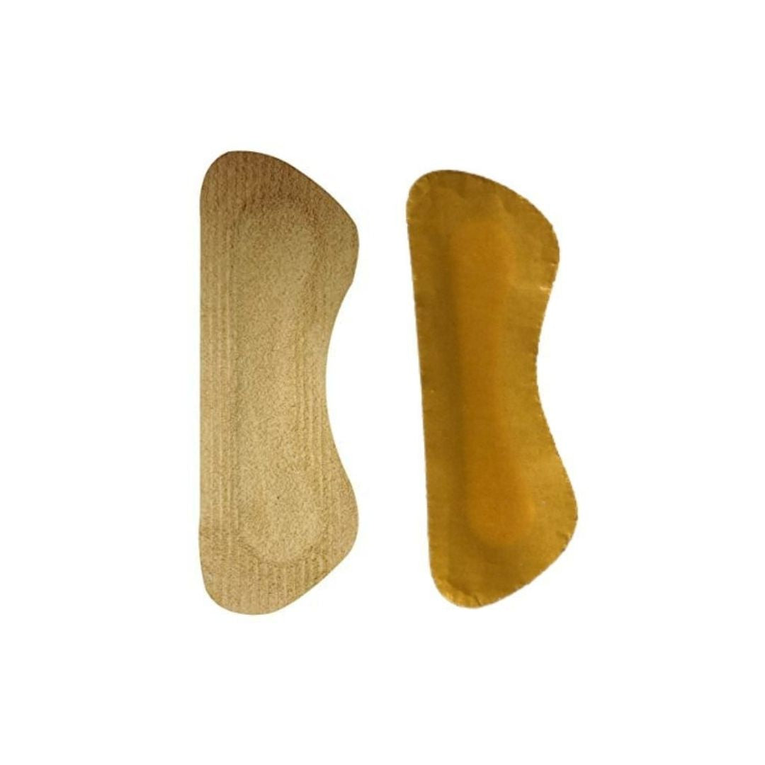 Small rounded rectangle shaped heel grips showing soft brown and sticker sides