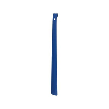 Blue 10 inch long stainless steel shoe horn.