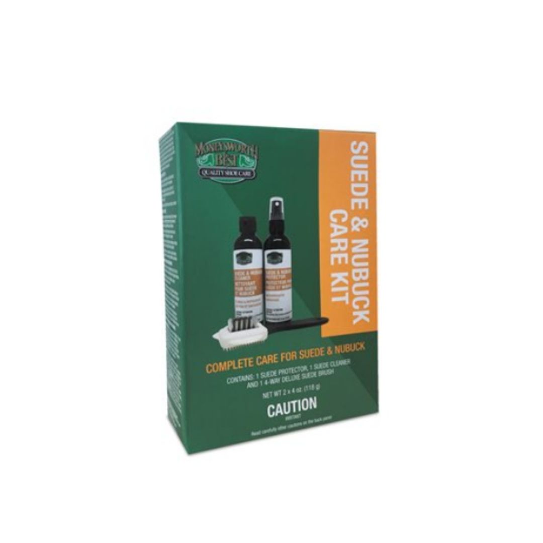 Green cardboard box containing suede and nubuck cleaning supplies.