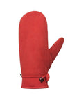 Red suede leather mittens with drawstring at cuff.
