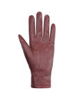 Palm side of simple burgundy gloves with elastic cuff. 