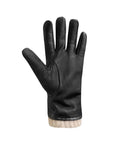 Palm side of black leather gloves with grey knit cuffs. 