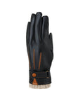 Black leather finger gloves with brown detailing lines and button at cuff