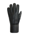 Top view of black leather gloves with stitched details along cuff and fingers. 