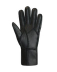 Palm side view of black leather gloves with stitched detailing. 