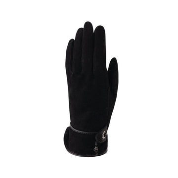 Black Suede finger gloves with leather details and adjustable drawstring at cuff