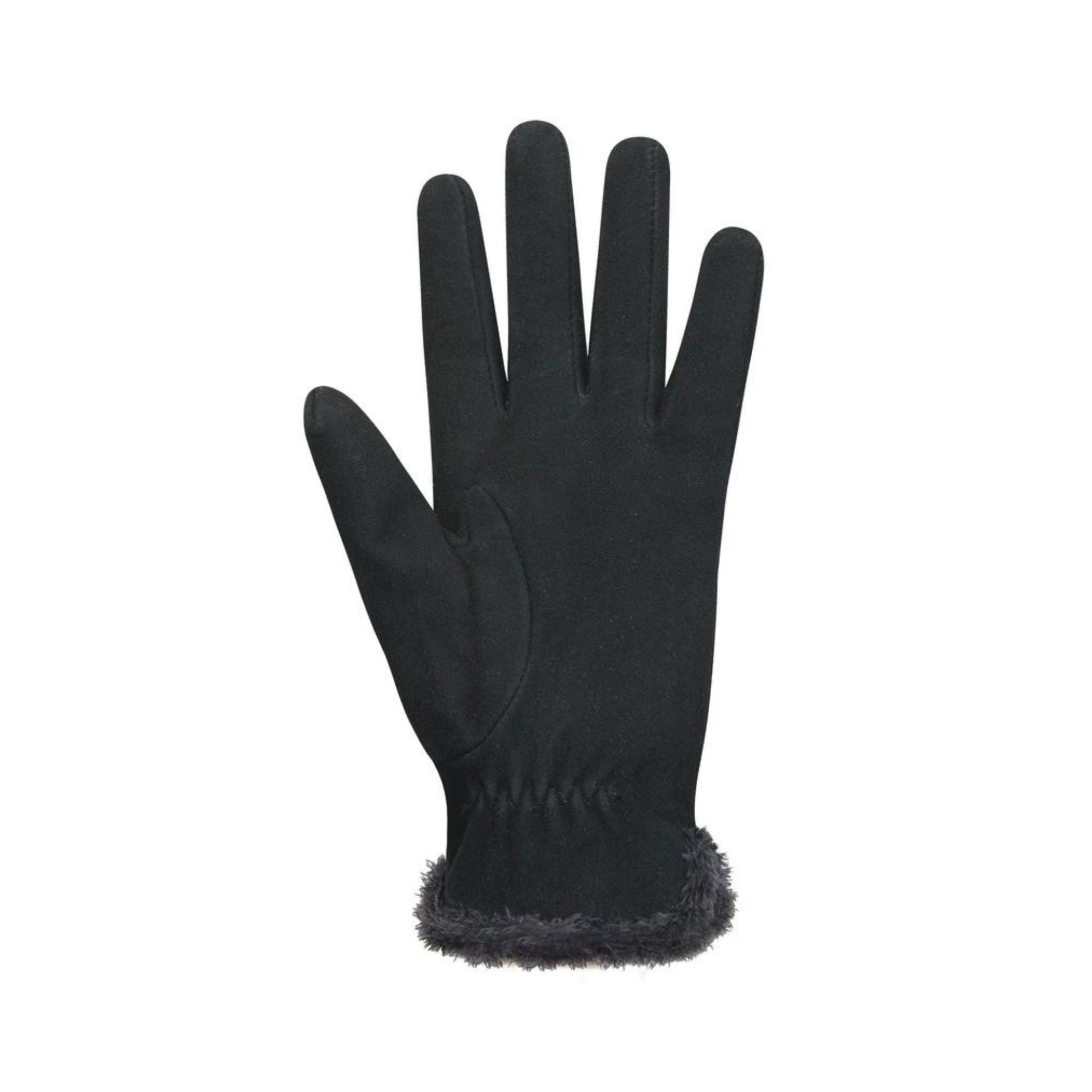 Palm side of fabric black finger gloves with thin fur trim at cuff