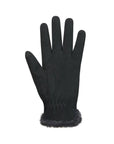 Palm side of fabric black finger gloves with thin fur trim at cuff