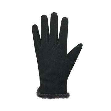 Soft fabric black finger gloves with small fur trim at cuff