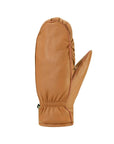 Camel brown leather mittens with scrunchy stitching at cuff