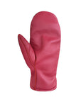 Palm side view of cranberry red leather mittens. 