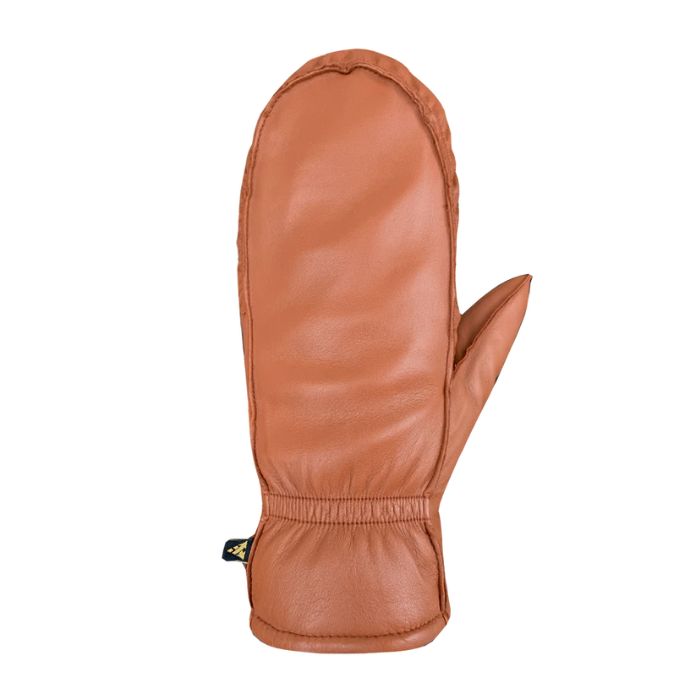 Top view of cognac brown leather mittens. 