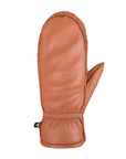 Top view of cognac brown leather mittens. 