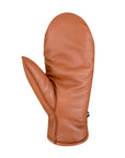 Palm side view of cognac brown leather mittens. 