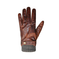 Brown "stressed" leather finger gloves with knit cuff and adjustable fit strap with button snap