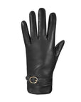 Top view of black leather gloves with quilted leather strap and adjustable buckle at the cuff. 
