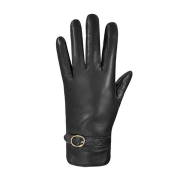 Black leather glove with a buckle cuff detail.