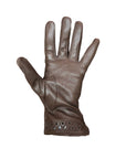Palm side view of brown leather gloves with heart shaped stitching and cutouts along the cuff.