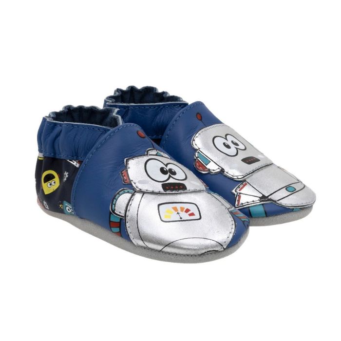 Blue leather baby shoes with silver robots on them.