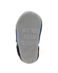 Grey suede leather outsole with "We're best bots!" and Robeez imprinted on it.