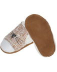 White, beige and gold shoes with white toe cap and cat whiskers across front. Brown suede leather outsole