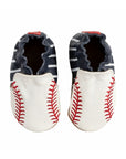 Pair of baseball themed shoes with black and white stripes at the back and baseball print being white with red stiching at front.