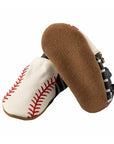 Pair of baseball themed shoes with black and white stripes at the back and baseball print being white with red stiching at front. Brown suede leather outsole.
