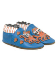 Blue leather shoes with orange octopus and fish on them.