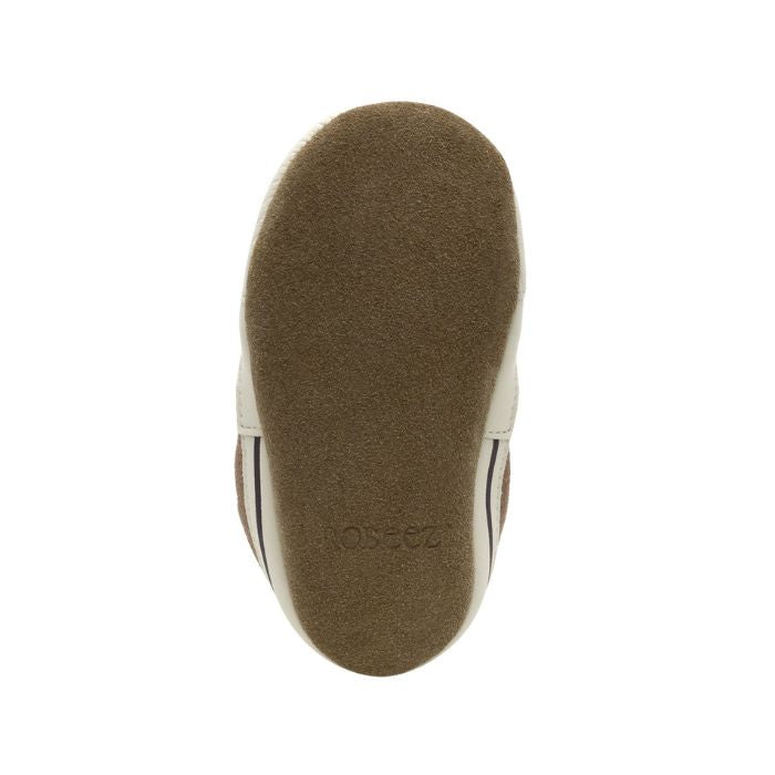 Brown suede outsole with Robeez logo on heel.