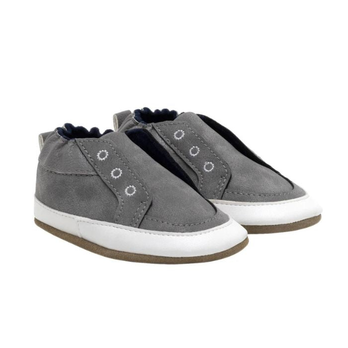 Grey leather baby shoes.