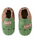 Top view of Robeez Soft Sole shoe with brown back and green toe featuring football field and football